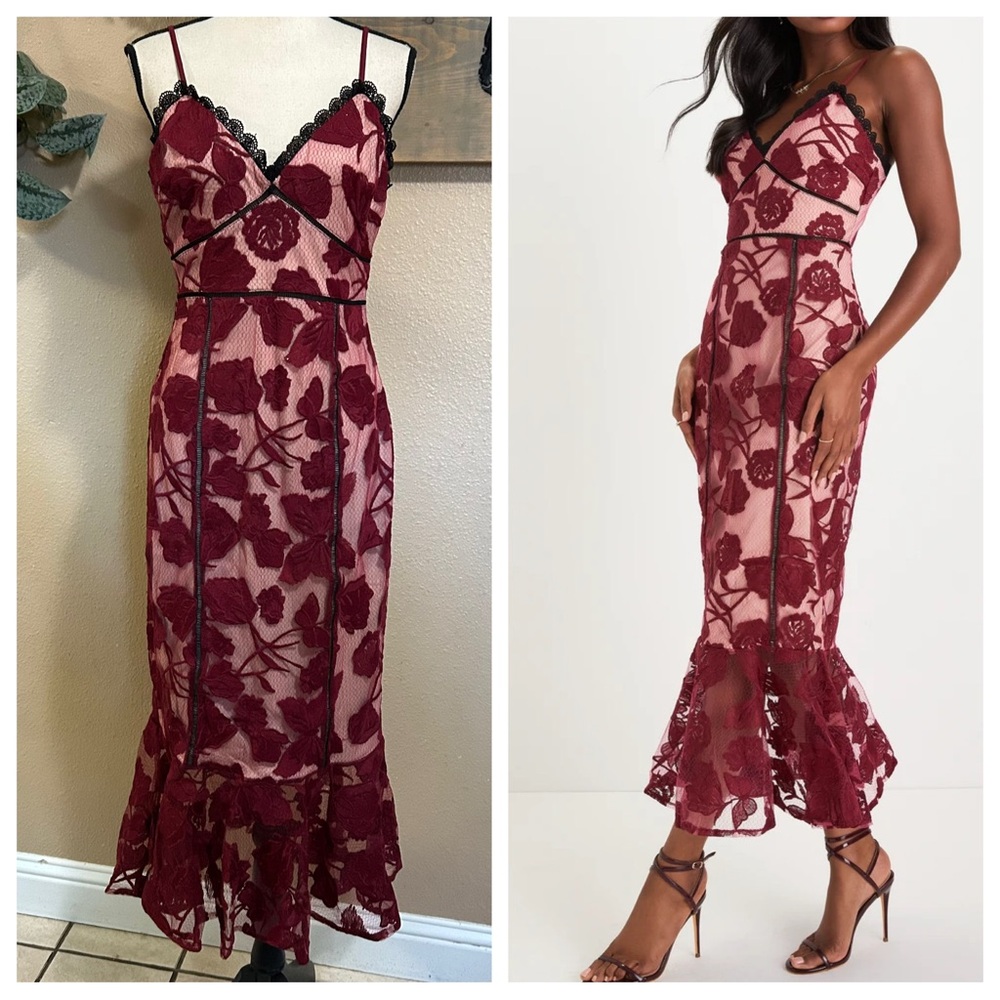 Lulus Alluring Dream Burgundy Floral Mesh Lace Trumpet Midi Dress – Size Medium